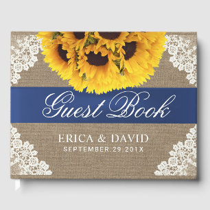 Sunflower Lace & Burlap Blue Ribbon Rustic Wedding Guest Book