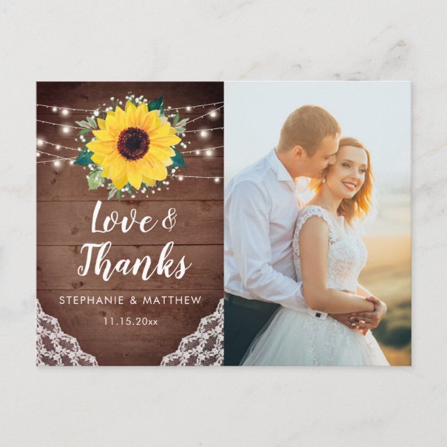 Sunflower Lace Floral Wedding Photo Thank You Postcard (Front)