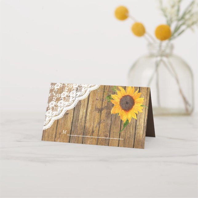 Sunflower Lace Wood Floral Wedding Place Card (Front)