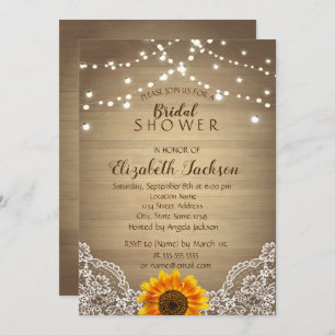 Sunflower, Lace, Wood Rustic Bridal Shower Invitation