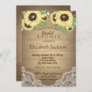 Sunflower, Lace,Wood,String Lights Bridal Shower Invitation