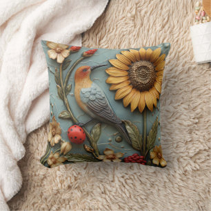 Sunflower Lady Bug Floral Throw Pillow