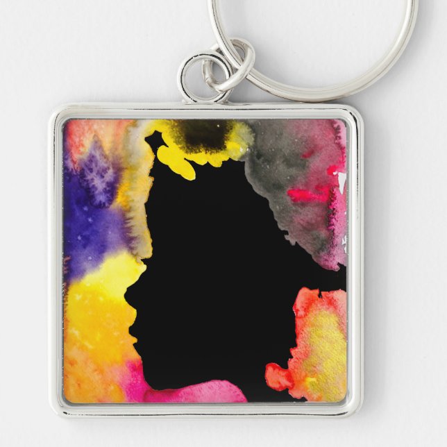 Sunflower lady silhouette watercolor art key ring (Front)