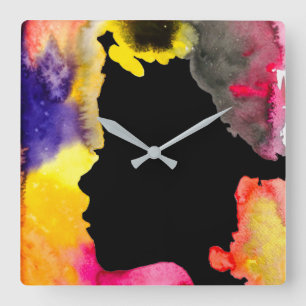Sunflower lady silhouette watercolor art square wall clock