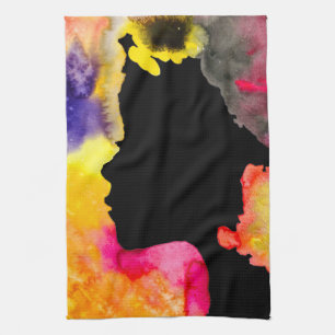 Sunflower lady silhouette watercolor art tea towel