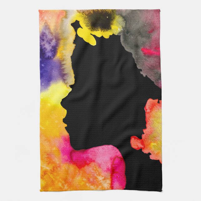 Sunflower lady silhouette watercolor art tea towel (Vertical)