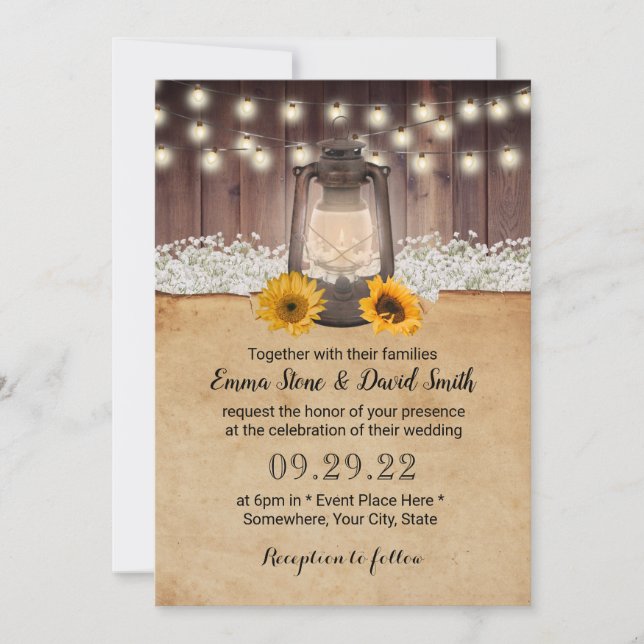 Sunflower Lantern Babys Breath Rustic Wedding Invitation (Front)