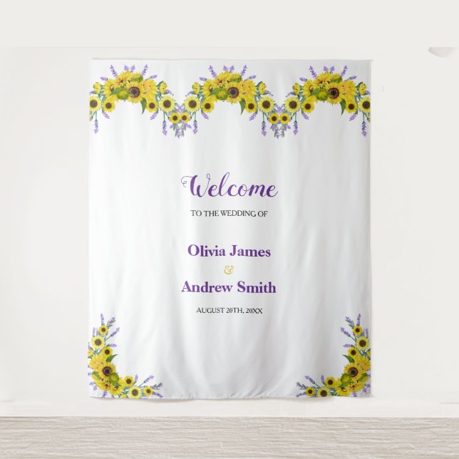 Sunflower & Lavender Floral Wedding Backdrop Tapestry (Front)