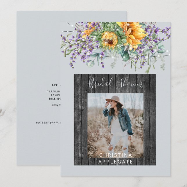 Sunflower Lavender Rustic Photo Bridal Shower  Invitation (Front/Back)