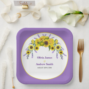 Sunflower & Lavender Vintage Floral Purple Wedding Paper Plate