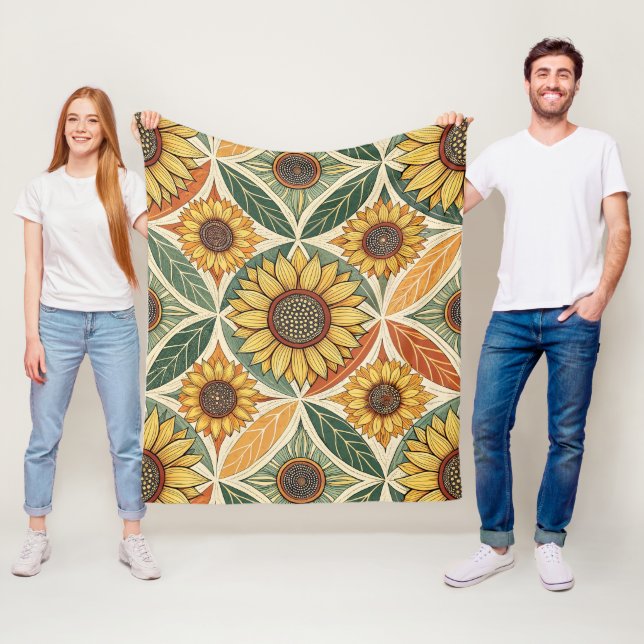 Sunflower & Leaf Pattern | Nature-Inspired Quilted Fleece Blanket (In Situ)
