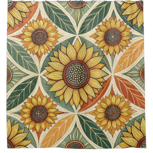 Sunflower & Leaf Pattern   Nature-Inspired Quilted Shower Curtain