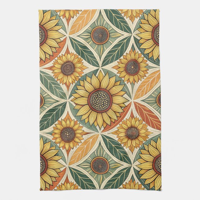 Sunflower & Leaf Pattern | Nature-Inspired Quilted Tea Towel (Vertical)