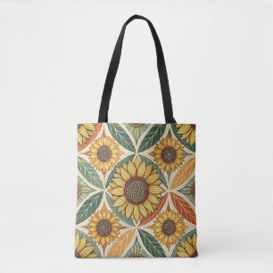 Sunflower & Leaf Pattern   Nature-Inspired Quilted Tote Bag