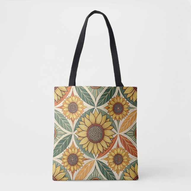 Sunflower & Leaf Pattern | Nature-Inspired Quilted Tote Bag (Front)