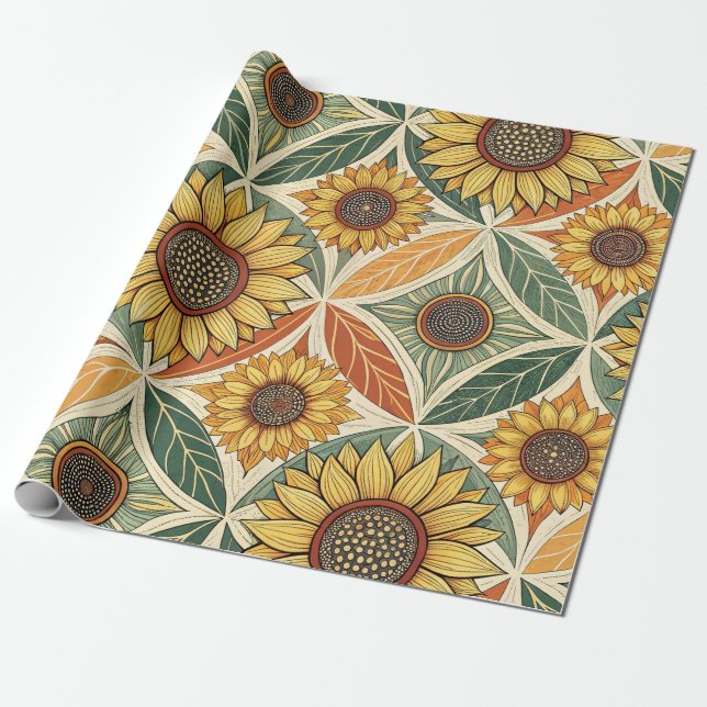 Sunflower & Leaf Pattern | Nature-Inspired Quilted Wrapping Paper (Unrolled)