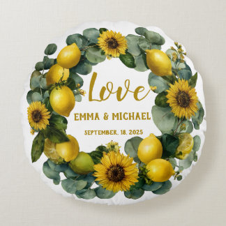 Sunflower Lemon Wreath Love Design Round Cushion