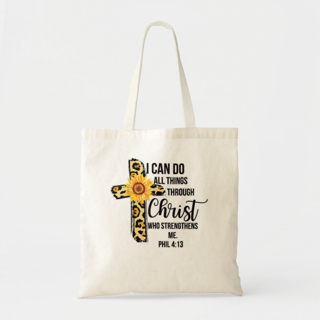 Sunflower Leopard Cheetah Print Cross Jesus Christ Tote Bag (Front)