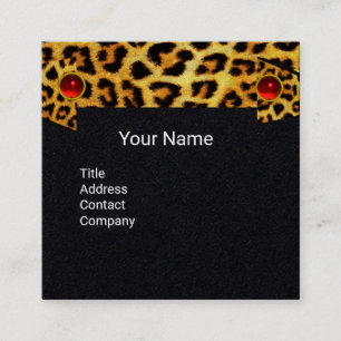 SUNFLOWER,LEOPARD FUR RIBBON,RED RUBY Black Paper Square Business Card