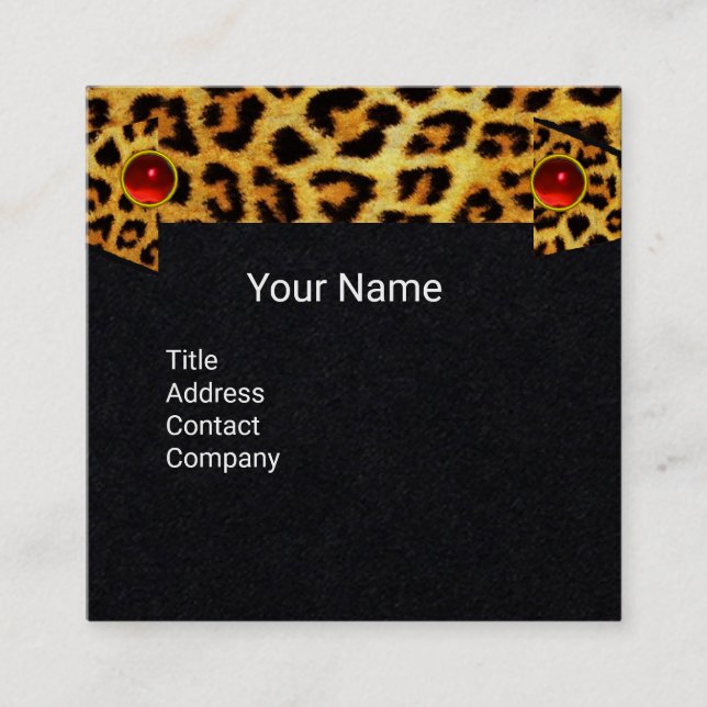 SUNFLOWER,LEOPARD FUR RIBBON,RED RUBY Black Paper Square Business Card (Front)