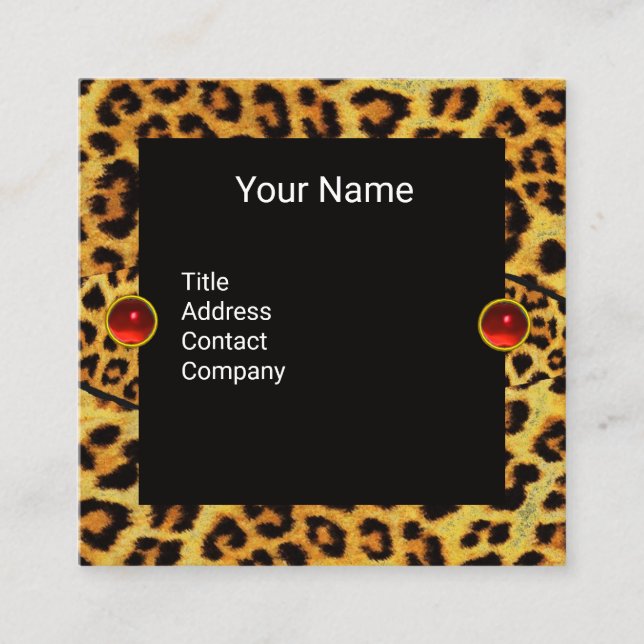 SUNFLOWER ,LEOPARD FUR RIBBON,RED RUBY GEMSTONES SQUARE BUSINESS CARD (Front)