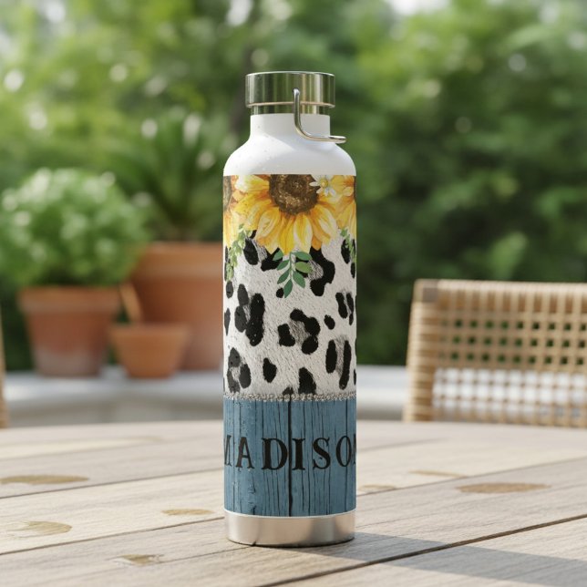 Sunflower Leopard Print Rustic Chic Name Water Bottle (Creator Uploaded)