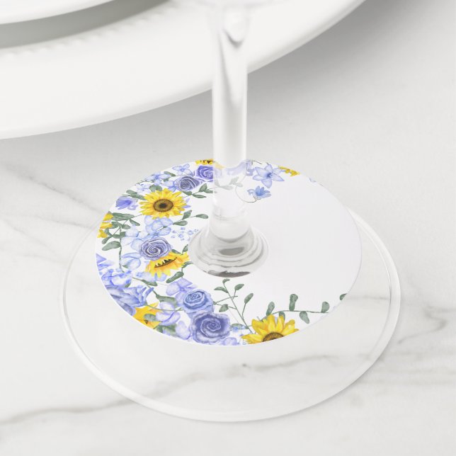 Sunflower & Light Blue Roses Wine Glass Tag Labels (Close Up)