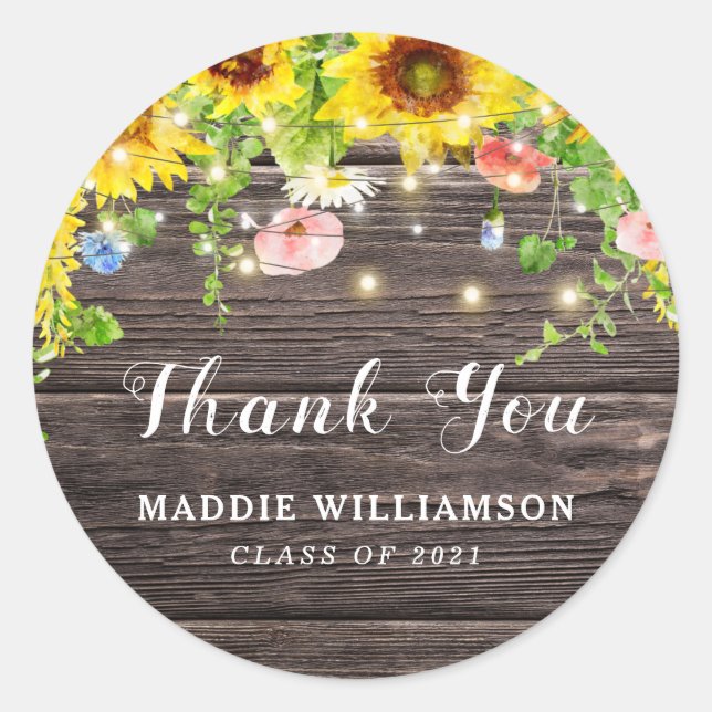 Sunflower Lights Barnwood Thank You Graduation Classic Round Sticker (Front)