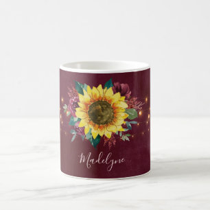 Sunflower Lights Burgundy Floral Monogram Coffee Mug
