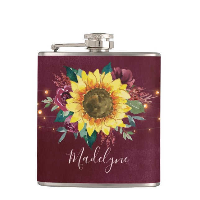 Sunflower Lights Burgundy Floral Monogram Hip Flask (Front)