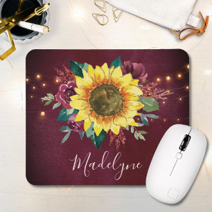 Sunflower Lights Floral Burgundy Monogram Mouse Mat