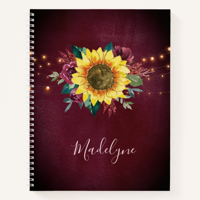 Sunflower Lights Floral Burgundy Watercolor Notebook (Front)