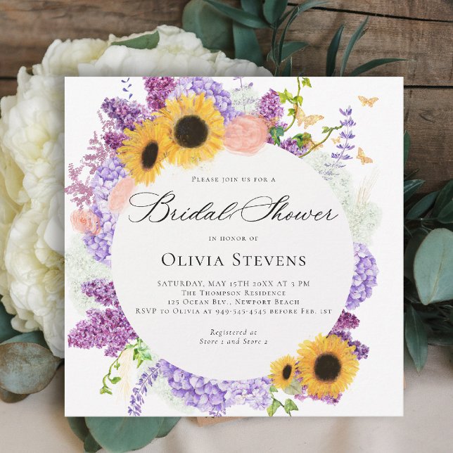 Sunflower Lilac Butterflies Floral Bridal Shower Invitation (bridal shower invitation sunflowers lilac butterflies boho romantic purple gold pink)