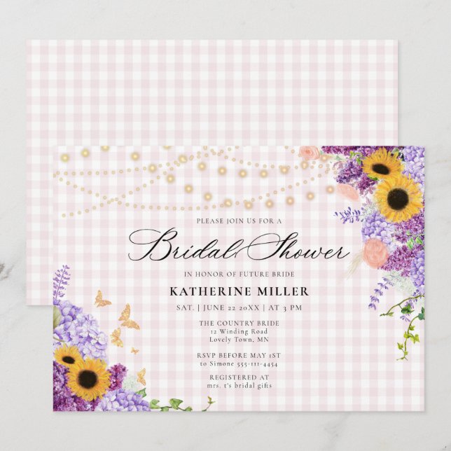 Sunflower Lilac Pink Gingham Rustic Bridal Shower Invitation (Front/Back)