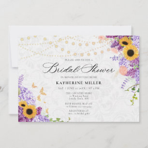 Sunflower Lilac String Lights Rustic Bridal Shower Invitation