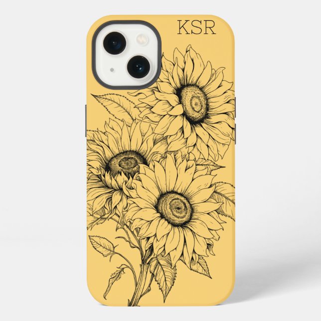 Sunflower Line Illustration Monogram iPhone Case (Back)