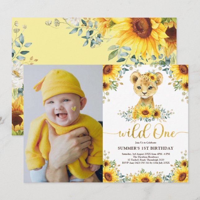 Sunflower Lion Cub Wild One 1st Birthday Photo Invitation (Front/Back)