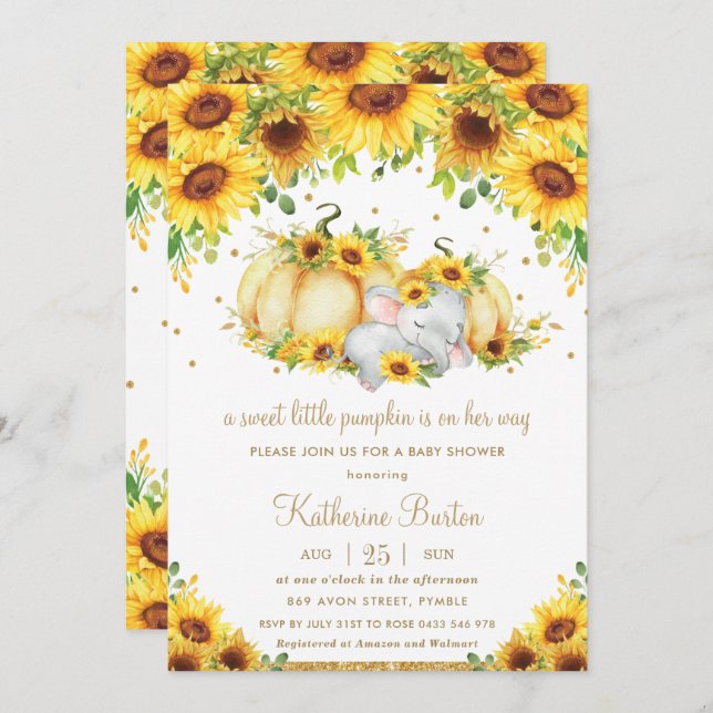 Sunflower Little Pumpkin Elephant Baby Shower Girl Invitation (Front/Back)