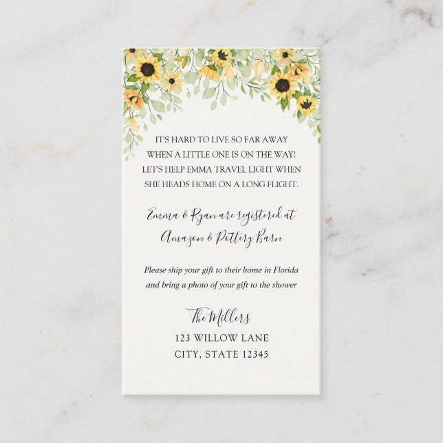 Sunflower Long distance baby shower insert (Front)