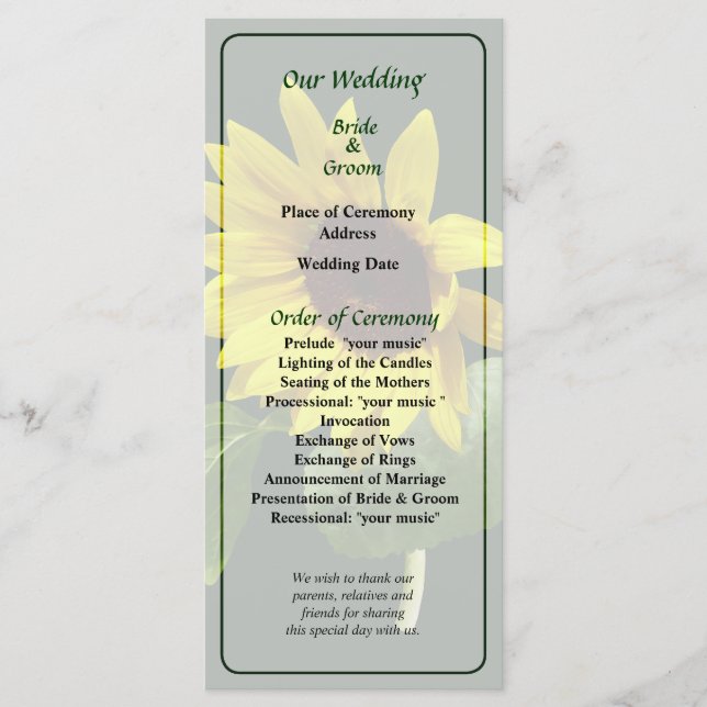 Sunflower Looking Down Wedding Program Programme (Front)