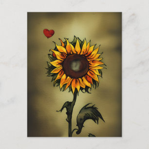 Sunflower Love Watercolor Sunflower and Heart Postcard