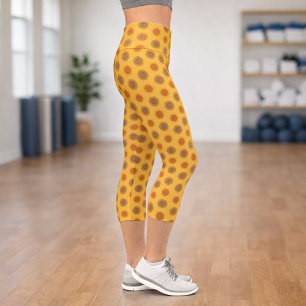 Sunflower Mandala Eye Art -Boho Yoga Graphic Print Capri Leggings