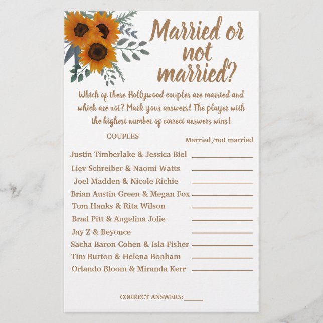  SUNFLOWER MARRIED OR NOT MARRIED SHOWER GAME CARD (Front)