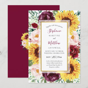 Sunflower Marsala Fall Burgundy Gold Wedding Invitation