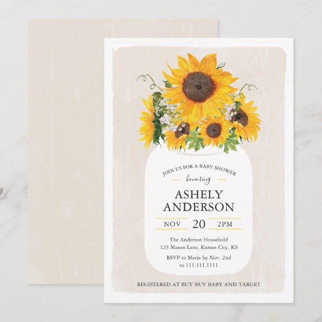 Sunflower Mason Jar Baby Shower Invitation (Front/Back)