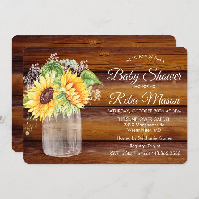 Sunflower Mason Jar Baby Shower Invitation (Front/Back)