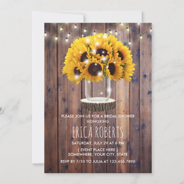 Sunflower Mason Jar Barn Wood Rustic Bridal Shower Invitation (Front)