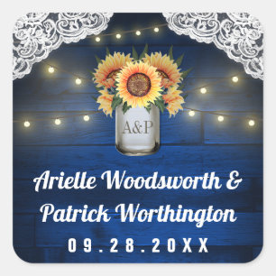 Sunflower Mason Jar Blue Wood Wedding Favour Square Sticker