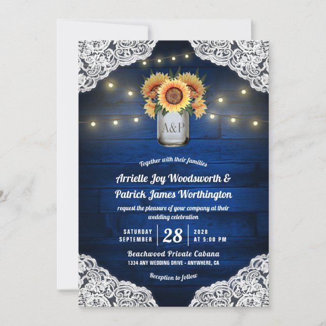Sunflower Mason Jar Blue Wood Wedding Invitations (Front)