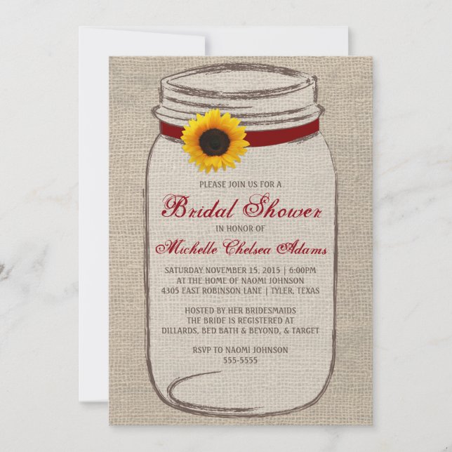 Sunflower Mason Jar Bridal Shower Invitation (Front)